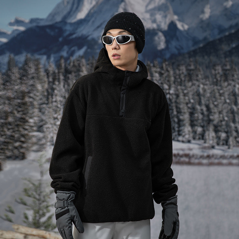 IZEXX trendy brand autumn and winter new button-up hooded fleece long-sleeved T-shirt volcanic fleece warm lock temperature cold-resistant bottoming shirt