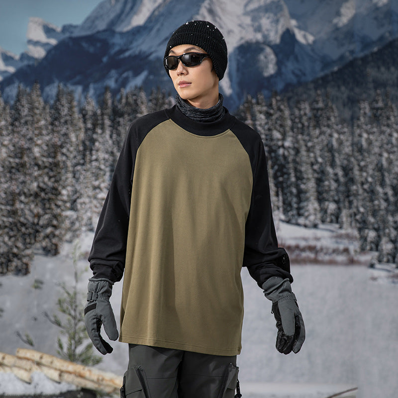 IZEXX trendy brand autumn and winter waxy double-sided warm top long-sleeved contrasting color splicing cold-resistant and warm couple bottoming shirt
