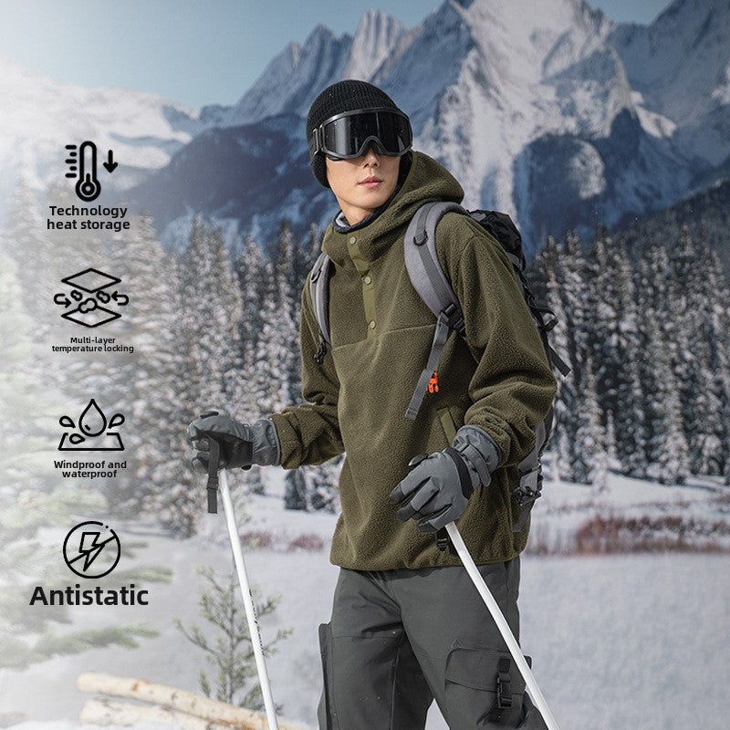 IZEXX trendy brand autumn and winter new button-up hooded fleece long-sleeved T-shirt volcanic fleece warm lock temperature cold-resistant bottoming shirt