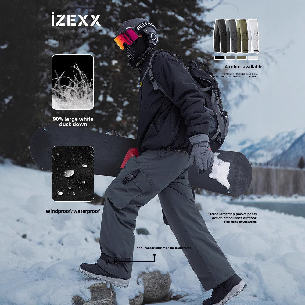 IZEXX tide brand winter velvet ski pants hard shell windproof and cold-resistant charging down pants 90 white duck down casual pants