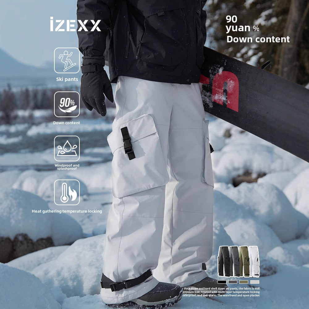 IZEXX tide brand winter velvet ski pants hard shell windproof and cold-resistant charging down pants 90 white duck down casual pants