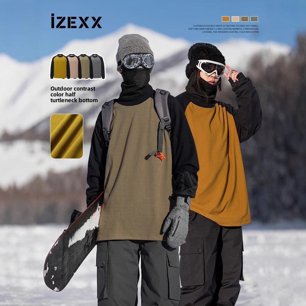 IZEXX trendy brand autumn and winter waxy double-sided warm top long-sleeved contrasting color splicing cold-resistant and warm couple bottoming shirt