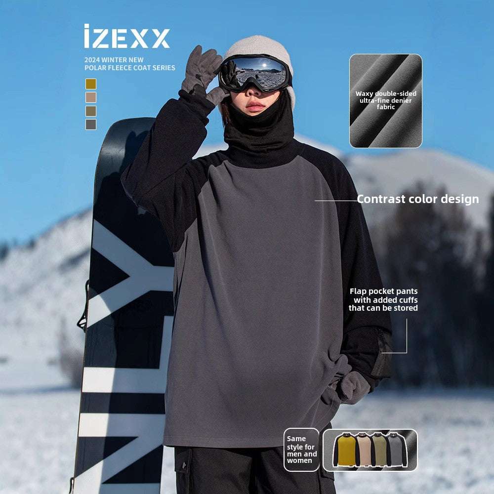 IZEXX trendy brand autumn and winter waxy double-sided warm top long-sleeved contrasting color splicing cold-resistant and warm couple bottoming shirt