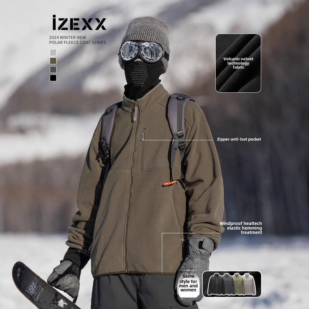 IZEXX trendy brand autumn and winter new volcanic fleece cardigan jacket outdoor sports warm and cold-resistant couple long-sleeved T-shirt
