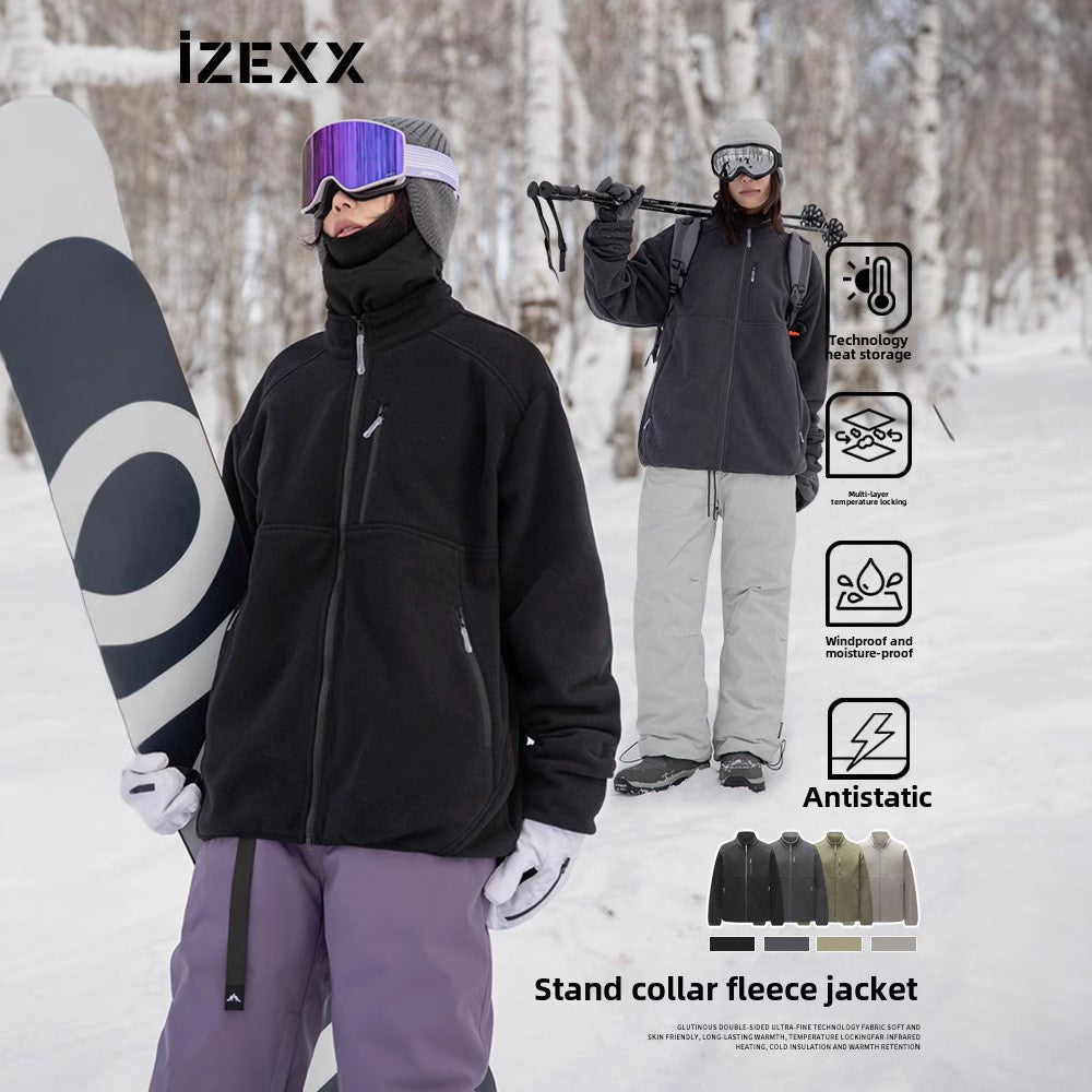 IZEXX trendy brand autumn and winter new volcanic fleece cardigan jacket outdoor sports warm and cold-resistant couple long-sleeved T-shirt