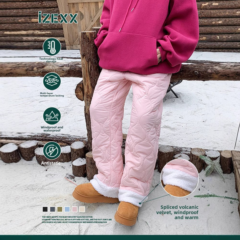 IZEXX trendy brand winter cold-proof and warm cotton pants gourd pattern thickened straight casual pants lamb wool men's and women's pants