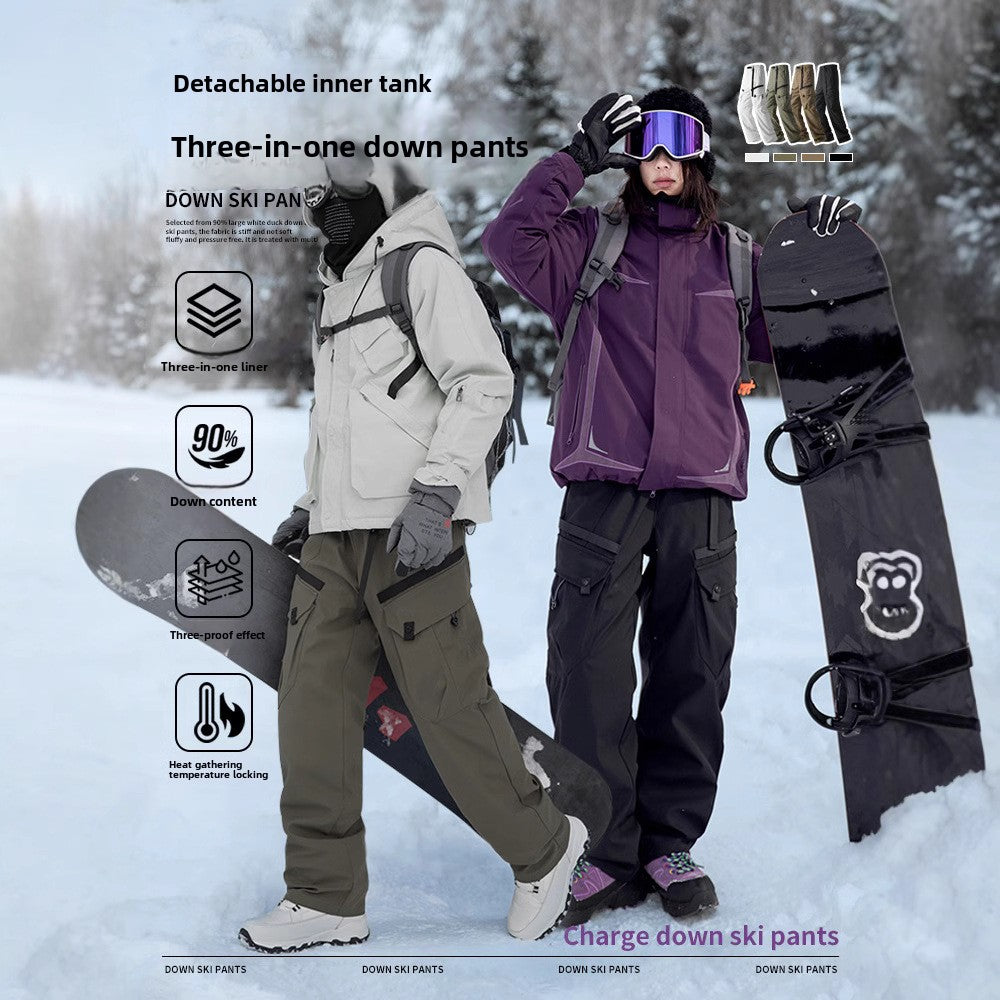IZEXX tide brand winter soft shell charging pants removable duck down liner thickened down pants warm windproof casual pants