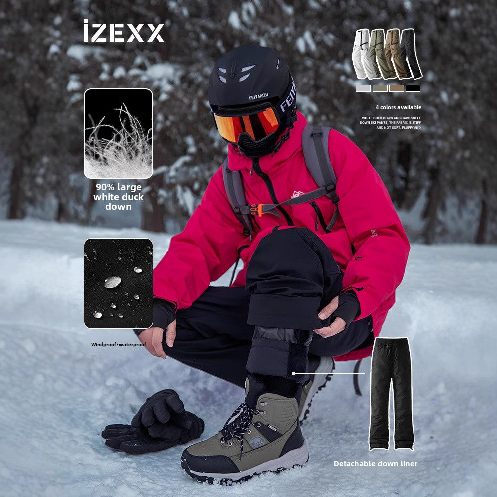 IZEXX tide brand winter soft shell charging pants removable duck down liner thickened down pants warm windproof casual pants