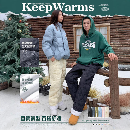 IZEXX trendy brand winter cold-proof and warm cotton pants gourd pattern thickened straight casual pants lamb wool men's and women's pants