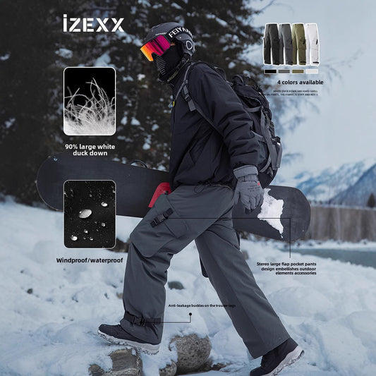 IZEXX tide brand winter velvet ski pants hard shell windproof and cold-resistant charging down pants 90 white duck down casual pants