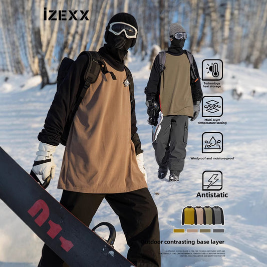 IZEXX trendy brand autumn and winter waxy double-sided warm top long-sleeved contrasting color splicing cold-resistant and warm couple bottoming shirt