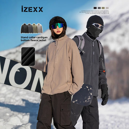 IZEXX trendy brand autumn and winter new volcanic fleece cardigan jacket outdoor sports warm and cold-resistant couple long-sleeved T-shirt