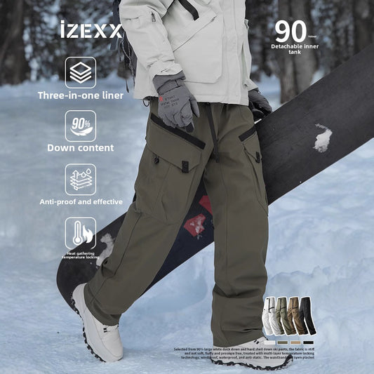 IZEXX tide brand winter soft shell charging pants removable duck down liner thickened down pants warm windproof casual pants